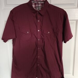 Kuhl Eluxur Men's Short Sleeve Metal Button Front Burgundy Polyester w/Ionik Shi